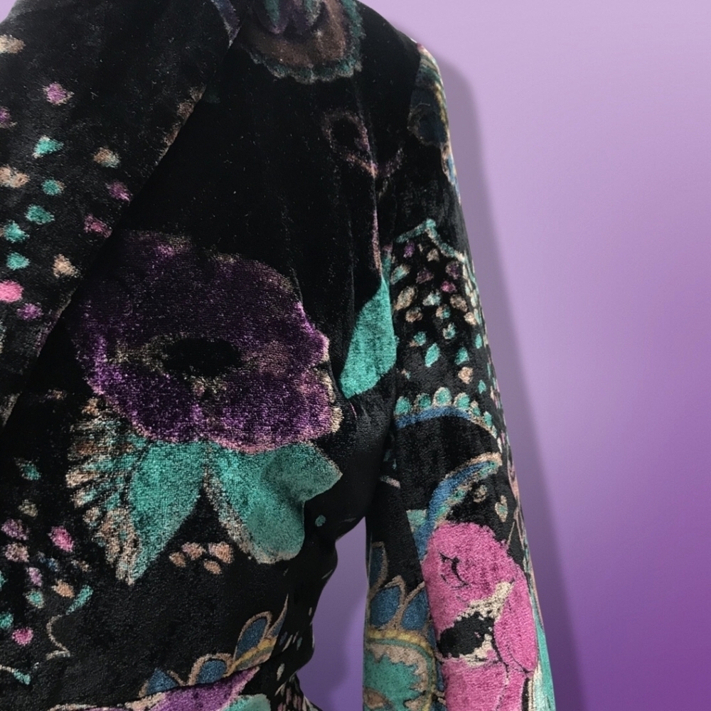 Vintage Bandolino Velvet Floral Teal Purple Black Long Line Jacket L